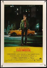 7k338 TAXI DRIVER linen 1sh '76 classic art of Robert De Niro by cab, directed by Martin Scorsese!