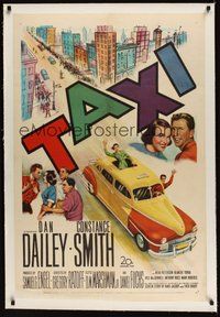 7k337 TAXI linen 1sh '53 artwork of Dan Dailey & Constance Smith in yellow cab in New York City!