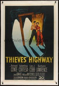 7k339 THIEVES' HIGHWAY linen 1sh '49 Jules Dassin, art of barechested truck driver Richard Conte!