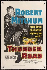 7k342 THUNDER ROAD linen 1sh '58 great artwork of scared moonshiner Robert Mitchum pointing gun!