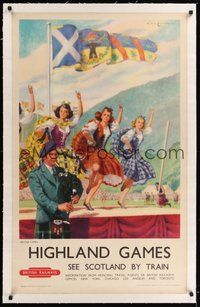 7k058 HIGHLAND GAMES linen English travel poster '50s British Railways ad for Scotland vacation!
