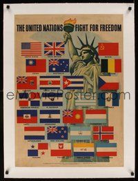 7k042 UNITED NATIONS FIGHT FOR FREEDOM linen war poster '42 cool art of Lady Liberty & 26 flags!