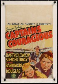 7k143 CAPTAINS COURAGEOUS linen WC '37 art of Spencer Tracy, Freddie Bartholomew & Lionel Barrymore