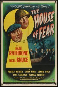 7m005 HOUSE OF FEAR 1sh '44 Basil Rathbone as Sherlock Holmes, Nigel Bruce as Watson, cool art!