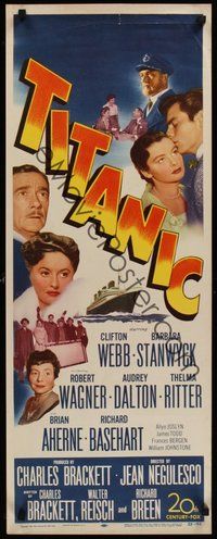 7m071 TITANIC insert '53 great image of Clifton Webb & Barbara Stanwyck & the legendary ship!