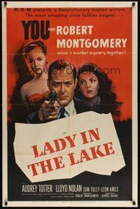 7m028 LADY IN THE LAKE 1sh '47 art of Robert Montgomery pointing gun + Audrey Totter!