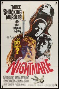 7m033 NIGHTMARE 1sh '64 Hammer horror, three shocking murders, did she dream them or do them!