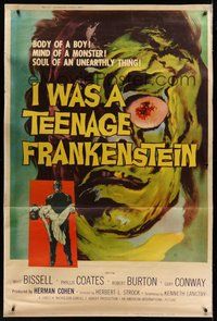 7p109 I WAS A TEENAGE FRANKENSTEIN 40x60 '57 wonderful close up art of the disfigured monster!