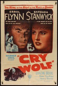 7r175 CRY WOLF 1sh '47 Errol Flynn & Barbara Stanwyck, Geraldine Brooks!