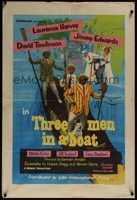 7r856 THREE MEN IN A BOAT English 1sh '56 Laurence Harvey, wacky art of cast on gondola!