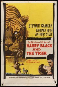 7r334 HARRY BLACK & THE TIGER 1sh '58 cool art of tiger, Stewart Granger, Barbara Rush!