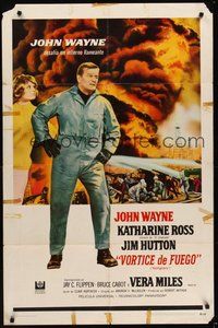 7r349 HELLFIGHTERS Spanish/U.S. 1sh '69 John Wayne as fireman Red Adair, Katharine Ross, blazing inferno!