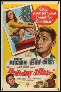 7r362 HOLIDAY AFFAIR style A 1sh '49 sexy Janet Leigh is what Robert Mitchum wants for Christmas!