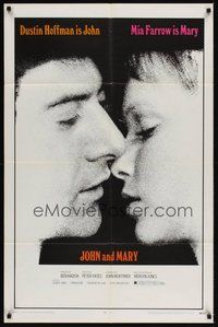 7r418 JOHN & MARY 1sh '69 super close image of Dustin Hoffman about to kiss Mia Farrow!