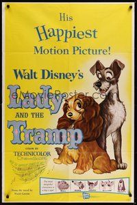 7r441 LADY & THE TRAMP 1sh R62 Walt Disney romantic canine dog classic cartoon!