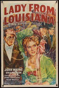7r444 LADY FROM LOUISIANA 1sh '41 great colorful artwork of John Wayne, Ona Munson!
