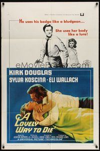 7r486 LOVELY WAY TO DIE 1sh '68 great image of Kirk Douglas romancing Sylva Koscina!
