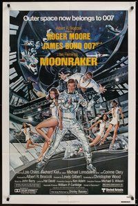 7r543 MOONRAKER 1sh '79 art of Roger Moore as James Bond & sexy space babes by Gouzee!