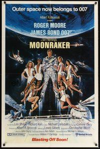 7r544 MOONRAKER int'l advance 1sh '79 art of Roger Moore as James Bond & sexy space babes by Gouzee!