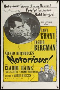 7r597 NOTORIOUS 1sh R54 close up of Cary Grant & Ingrid Bergman, Alfred Hitchcock classic!