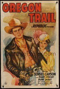 7r613 OREGON TRAIL 1sh '45 best artwork of cowboy Sunset Carson with Peggy Stewart!