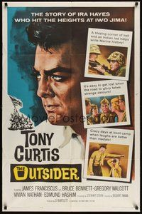 7r624 OUTSIDER 1sh '62 great close up art of Tony Curtis as Ira Hayes of Iwo Jima fame!