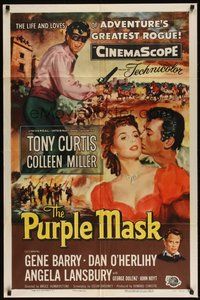 7r667 PURPLE MASK 1sh '55 art of masked avenger Tony Curtis w/pretty Colleen Miller!