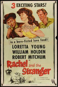 7r672 RACHEL & THE STRANGER 1sh R53 William Holden, Robert Mitchum, sexy Loretta Young!