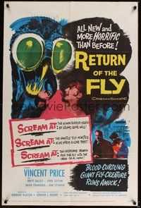7r687 RETURN OF THE FLY 1sh '59 Vincent Price, cool insect monster art, more horrific than before!
