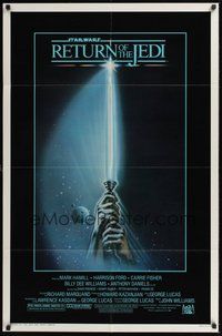 7r688 RETURN OF THE JEDI 1sh '83 George Lucas classic, great artwork of hands holding lightsaber!