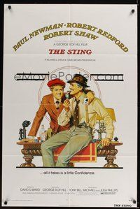 7r796 STING 1sh '74 best artwork of con men Paul Newman & Robert Redford by Richard Amsel!