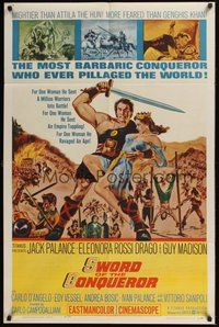 7r816 SWORD OF THE CONQUEROR 1sh '62 great image of Jack Palance as barbarian holding sexy girl!