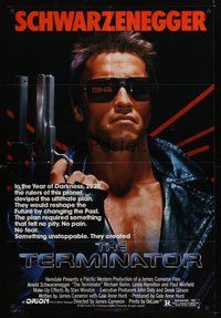 7r835 TERMINATOR 1sh '84 super close up of most classic cyborg Arnold Schwarzenegger with gun!