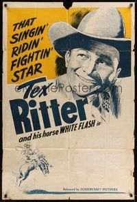 7r838 TEX RITTER 1sh '40s cool artwork of cowboy on bucking horse!
