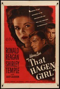 7r844 THAT HAGEN GIRL 1sh '47 great close images of Ronald Reagan & grown up Shirley Temple!