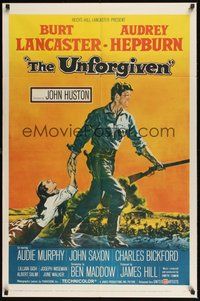 7r920 UNFORGIVEN 1sh '60 Burt Lancaster, Audrey Hepburn, directed by John Huston!