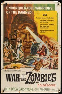 7r945 WAR OF THE ZOMBIES 1sh '65 John Drew Barrymore, unconquerable warriors of the damned!