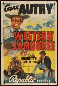 7r954 WESTERN JAMBOREE 1sh '38 Gene Autry smiling and playing guitar, Smiley Burnette!
