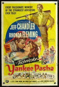 7r991 YANKEE PASHA 1sh '54 art of Jeff Chandler full-length & close up kissing sexy Rhonda Fleming