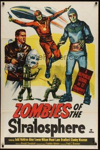 7r998 ZOMBIES OF THE STRATOSPHERE 1sh '52 Republic serial, great art of aliens with guns!