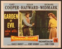 7s398 GARDEN OF EVIL LC #2 '54 Richard Widmark in doorway watches Susan Hayward cooking!