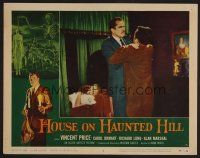 7s435 HOUSE ON HAUNTED HILL LC #2 '59 close up of Vincent Price choking man by sleeping girl!