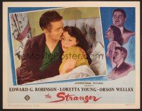 7s620 STRANGER LC '46 close up of Orson Welles kissing Loretta Young's head in bed!