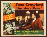 7s627 SUDDEN FEAR LC #8 '52 close up of Joan Crawford looking out window onto the street!