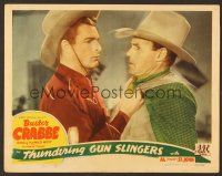 7s646 THUNDERING GUN SLINGERS LC '44 close up of tough cowboy Buster Crabbe grabbing bad guy!