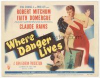 7s197 WHERE DANGER LIVES TC '50 classic art of Robert Mitchum holding Faith Domergue + Rains w/gun