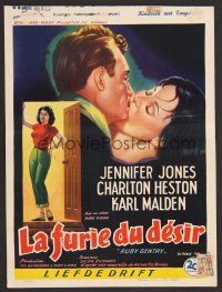 7w695 RUBY GENTRY Belgian '53 artwork of super sleazy bad girl Jennifer Jones, Charlton Heston!