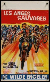 7w744 WILD ANGELS Belgian '66 great art of biker Peter Fonda & sexy Nancy Sinatra on motorcycle!