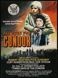 7w310 3 DAYS OF THE CONDOR Danish '75 different art of secret agent Robert Redford & Faye Dunaway!