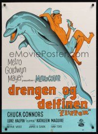 7w342 FLIPPER Danish '63 Chuck Connors, Luke Halpin, cool art of boy & dolphin!